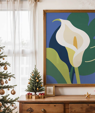 Ilustración floral abstracta con fondo verde y azul