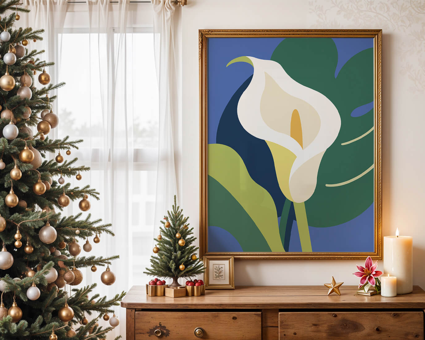 Ilustración floral abstracta con fondo verde y azul