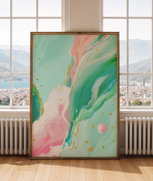 Obra de arte abstracta en pasteles y dorado con patrones fluidos