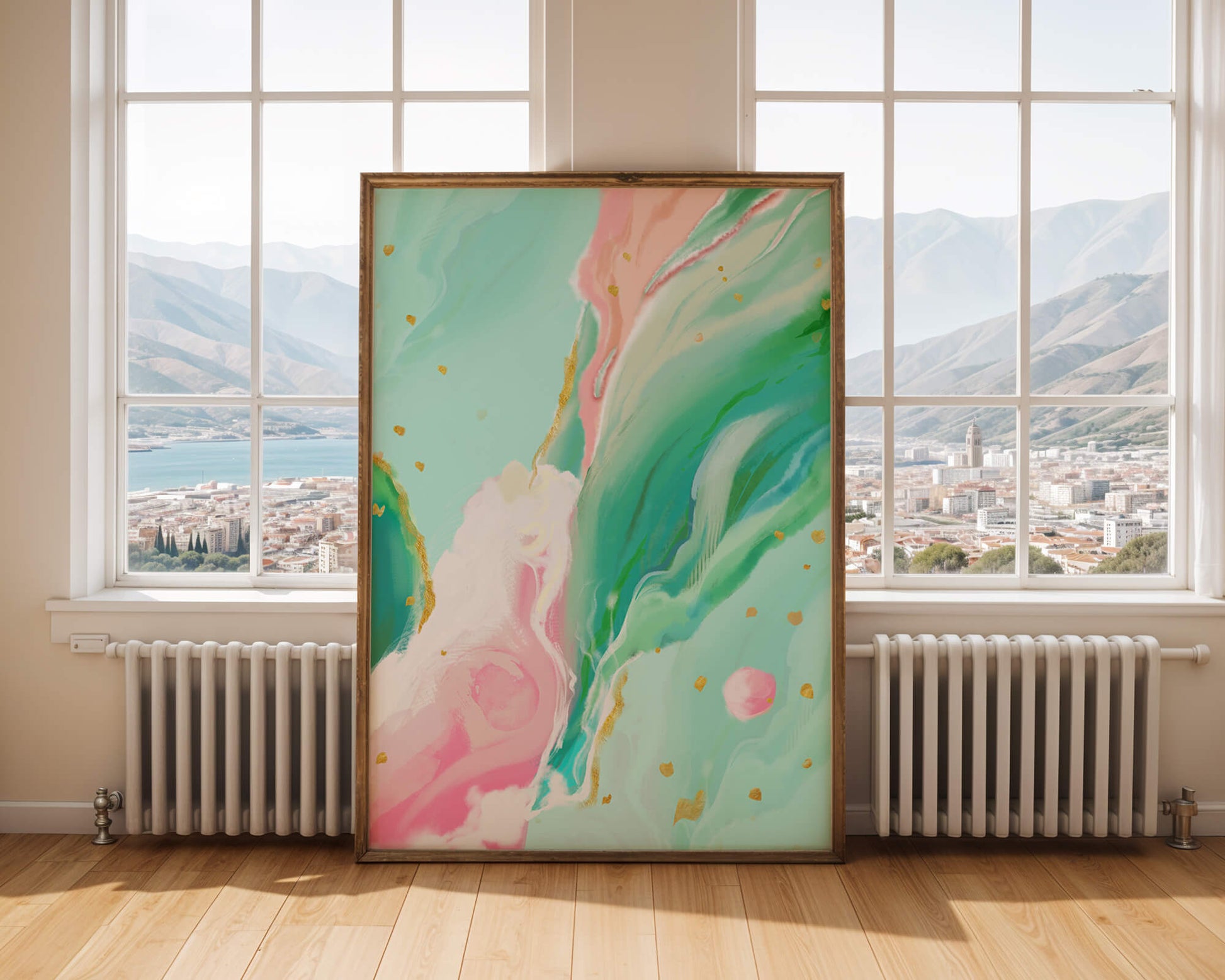 Obra de arte abstracta en pasteles y dorado con patrones fluidos