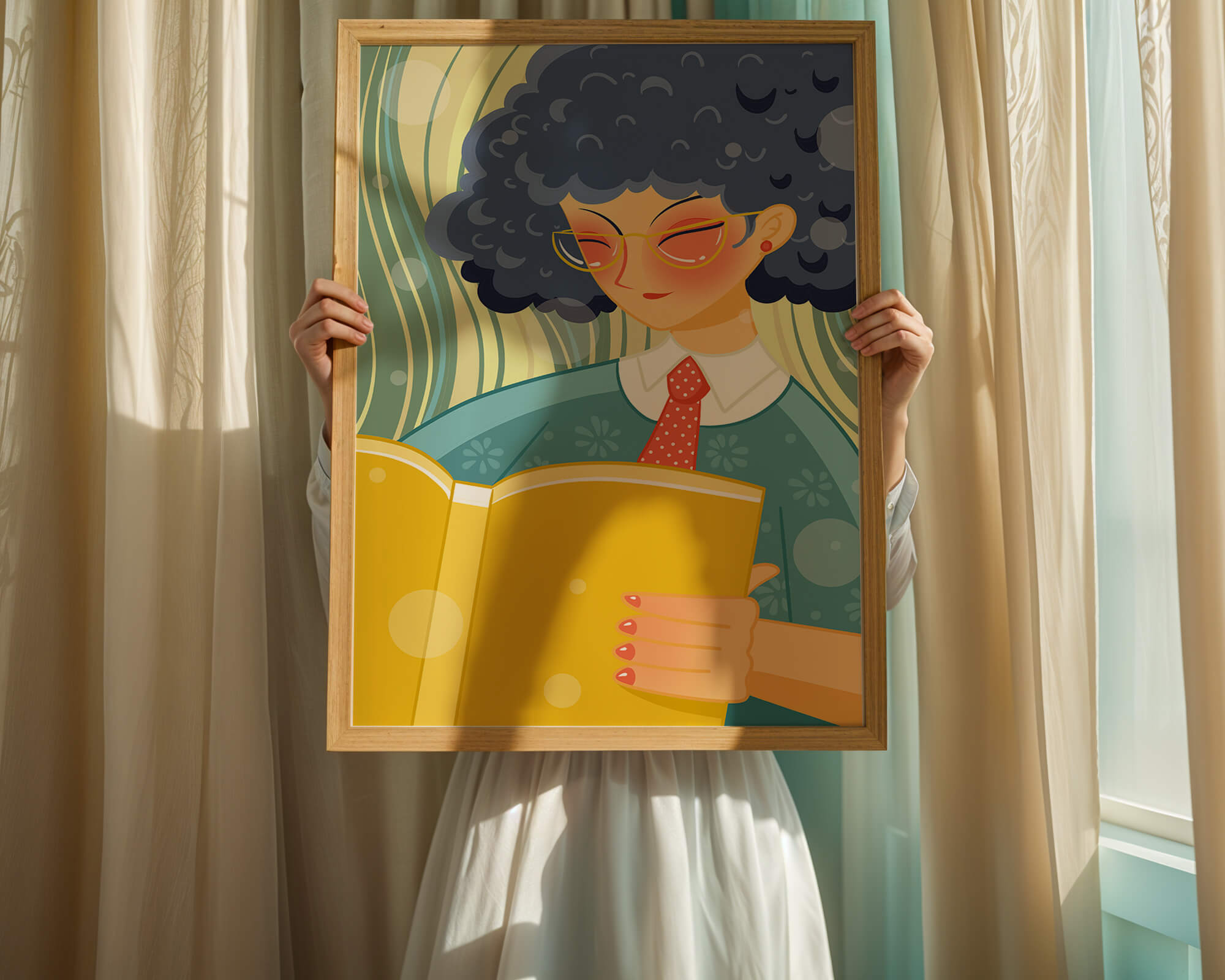 Illustration of a person reading a large yellow book in a stylized design