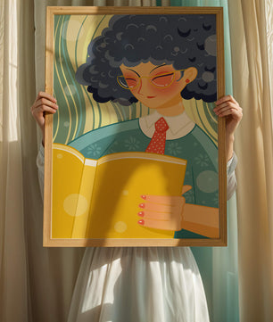 Illustration d'une personne lisant un grand livre jaune dans un style stylisé