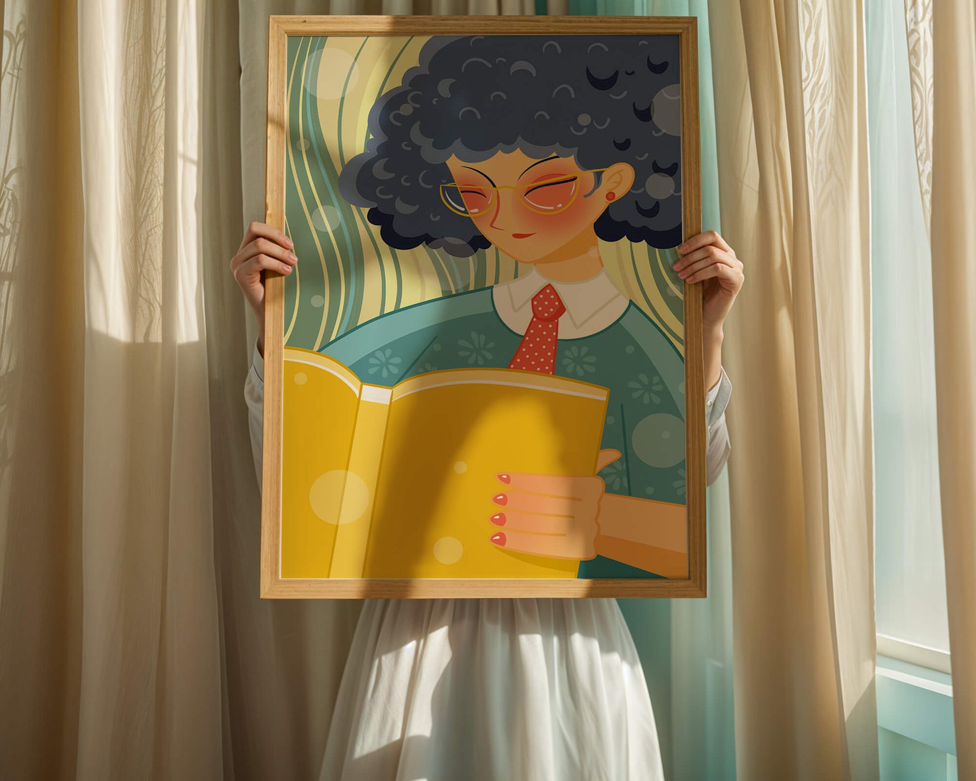 Illustration of a person reading a large yellow book in a stylized design