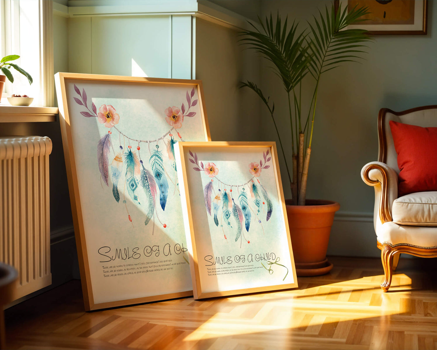 Whimsical dreamcatcher with feathers and flowers in a pastel watercolor style