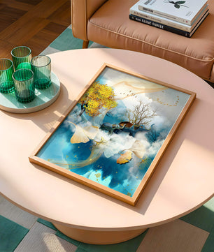 Surreal Nature Scene with Elephants and Golden Leaves