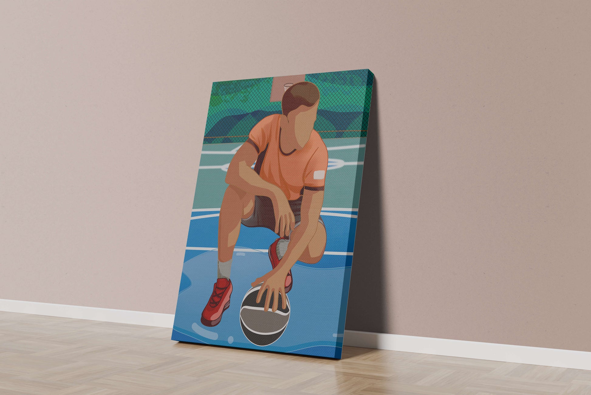Illustration of a basketball player on a court in a dynamic pose