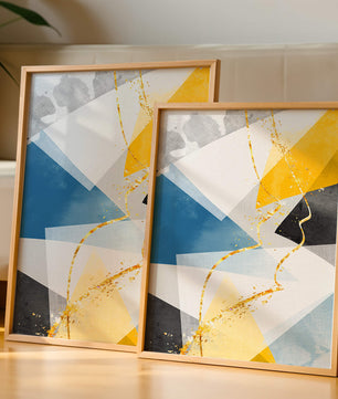 Abstract Geometric Art with Gold Accents in Blue, Yellow, and Gray - Mi tienda