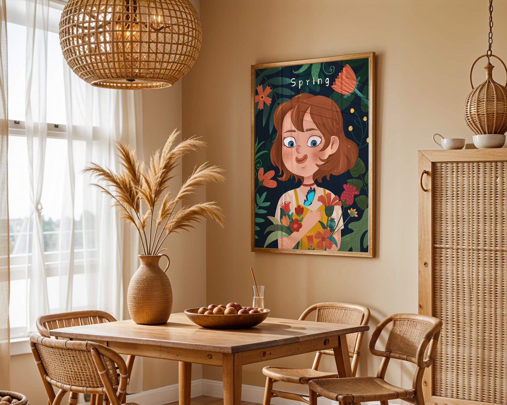 Ilustración primaveral encantadora con flores y mariposa