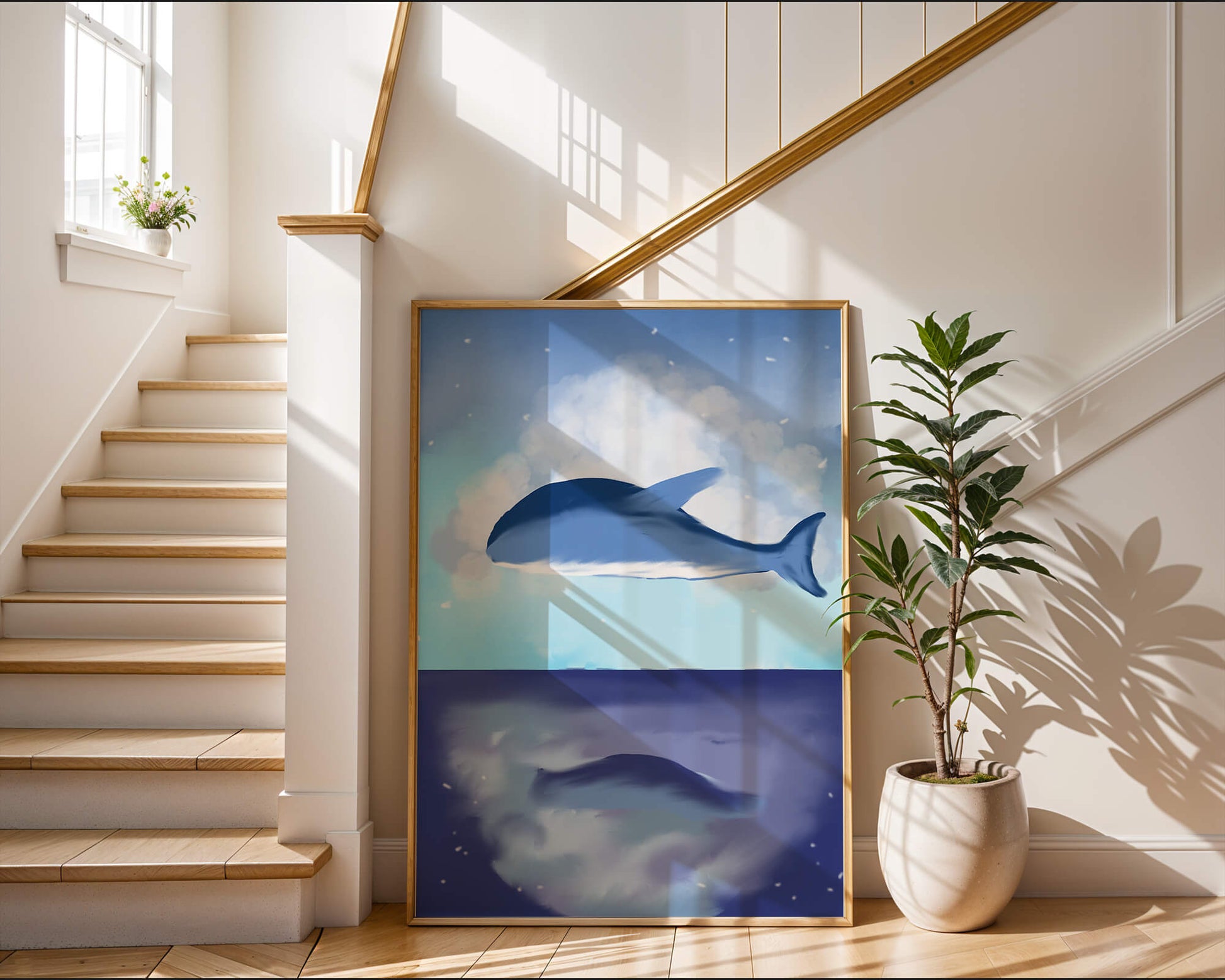 Surreal Ocean Scene with Floating Whale and Cloudy Sky Reflection