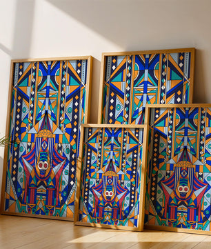 Arte tribal abstracto geométrico con patrones simétricos en azul y naranja