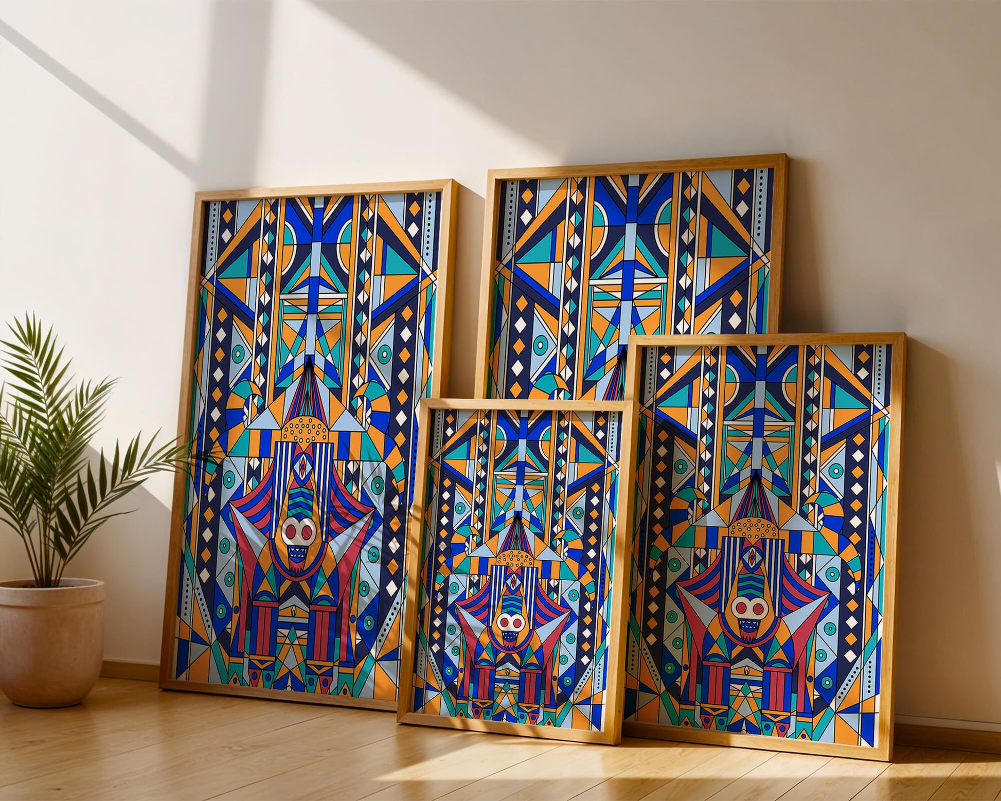 Arte tribal abstracto geométrico con patrones simétricos en azul y naranja