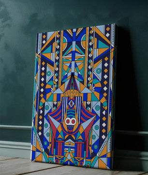 Arte tribal abstracto geométrico con patrones simétricos en azul y naranja