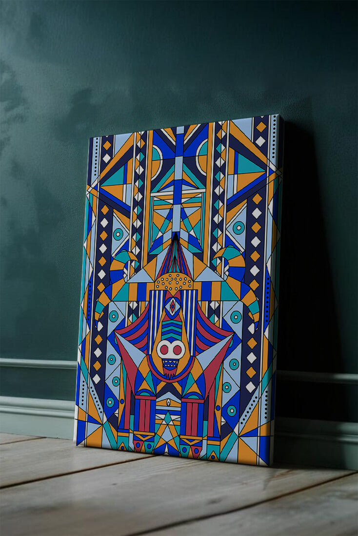 Arte tribal abstracto geométrico con patrones simétricos en azul y naranja