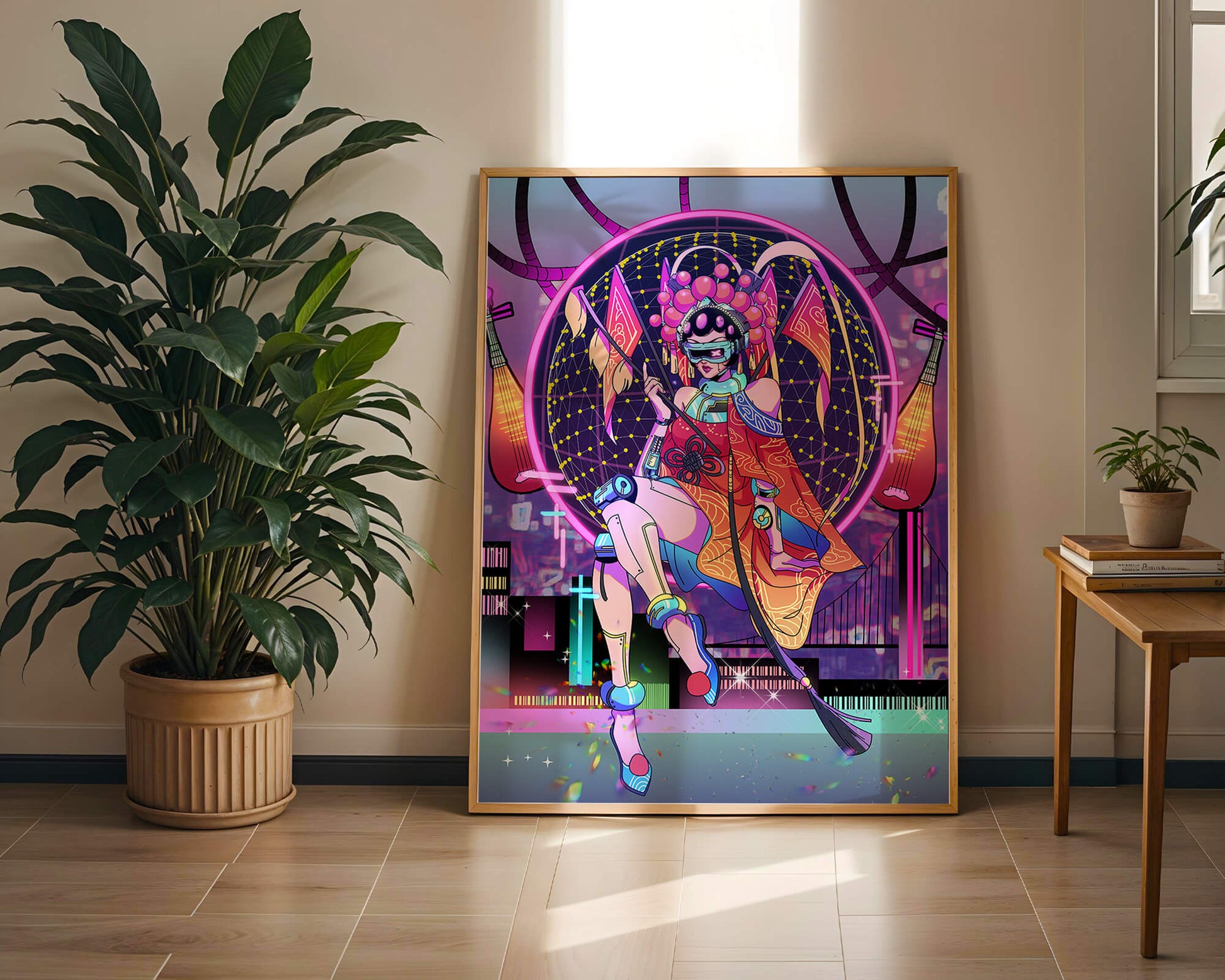 Futuristic geisha with neon lights and traditional elements