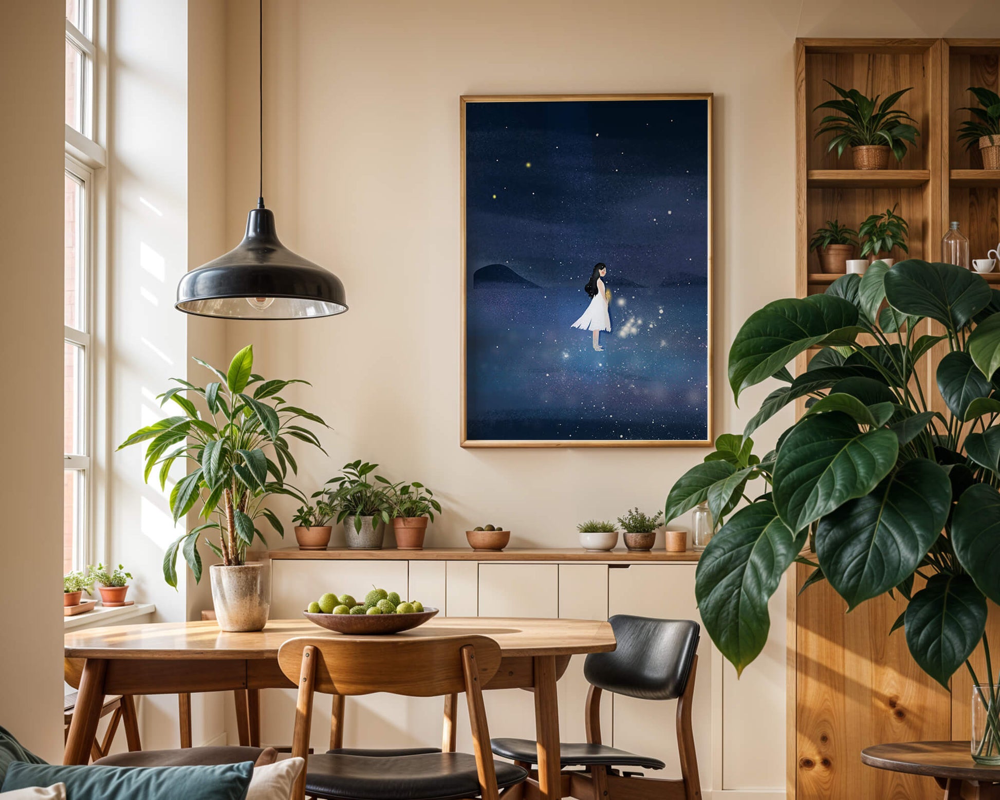 Girl in White Dress Gazing at Starry Night Sky