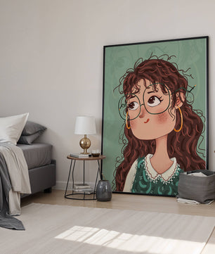 Illustration of a Thoughtful Girl with Glasses and Curly Hair