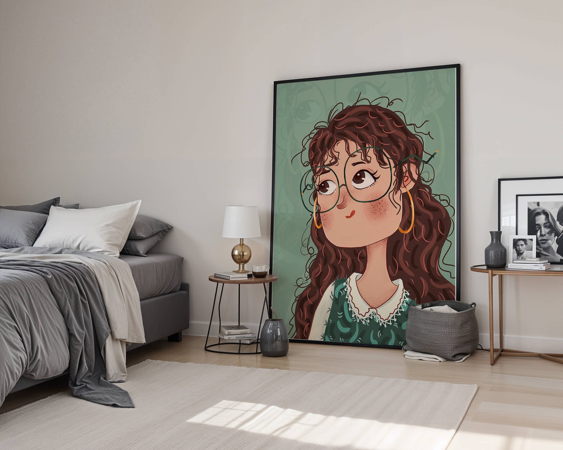 Ilustración de una chica pensativa con gafas y pelo rizado