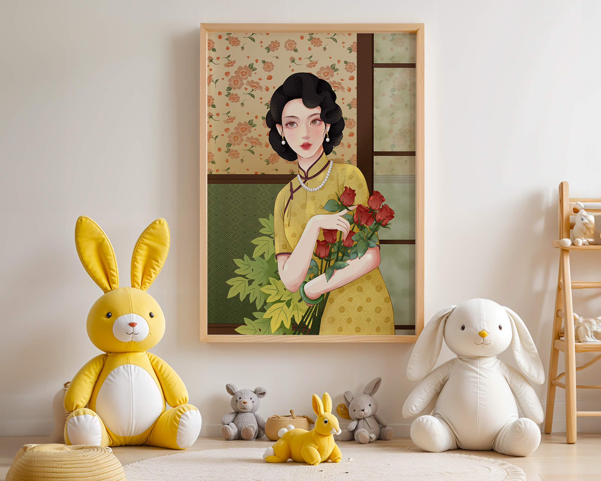 Elegant woman with floral backdrop holding a bouquet