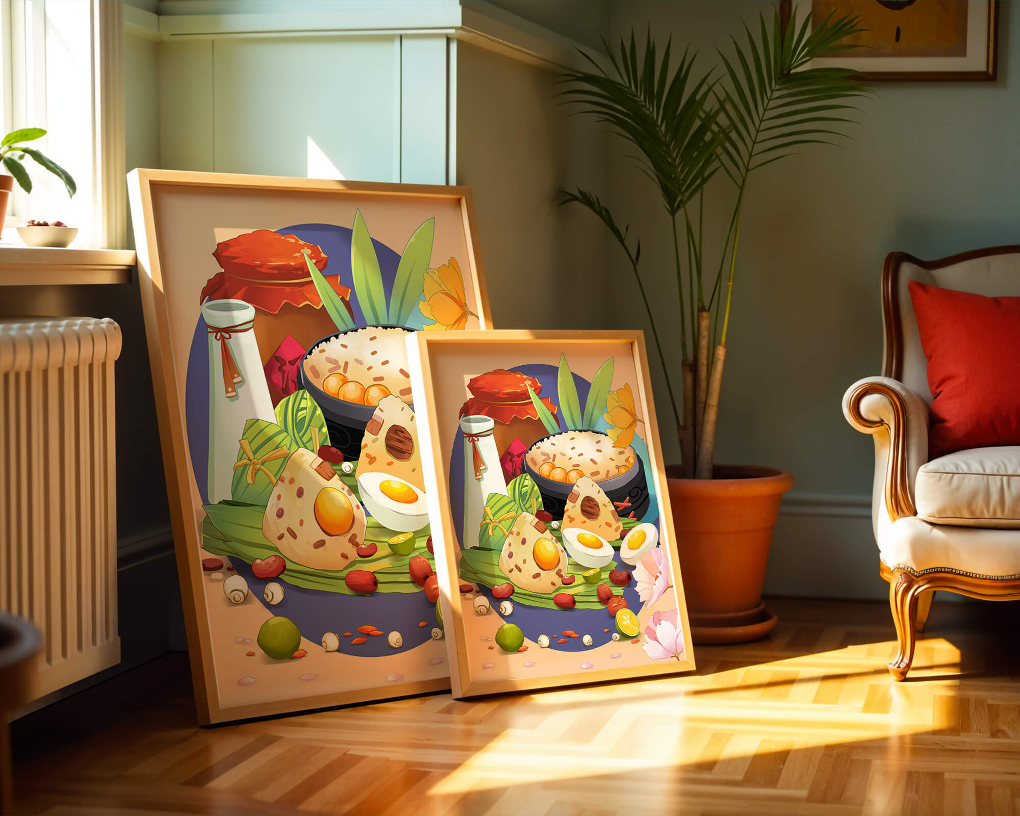 Traditional Asian culinary still life with rice and eggs