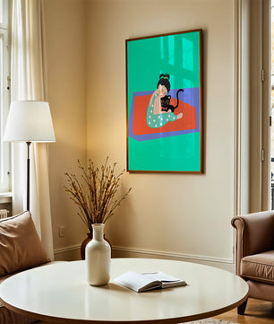 Gemütliche Illustration eines Mädchens, das eine Katze auf einer bunten Matte umarmt
