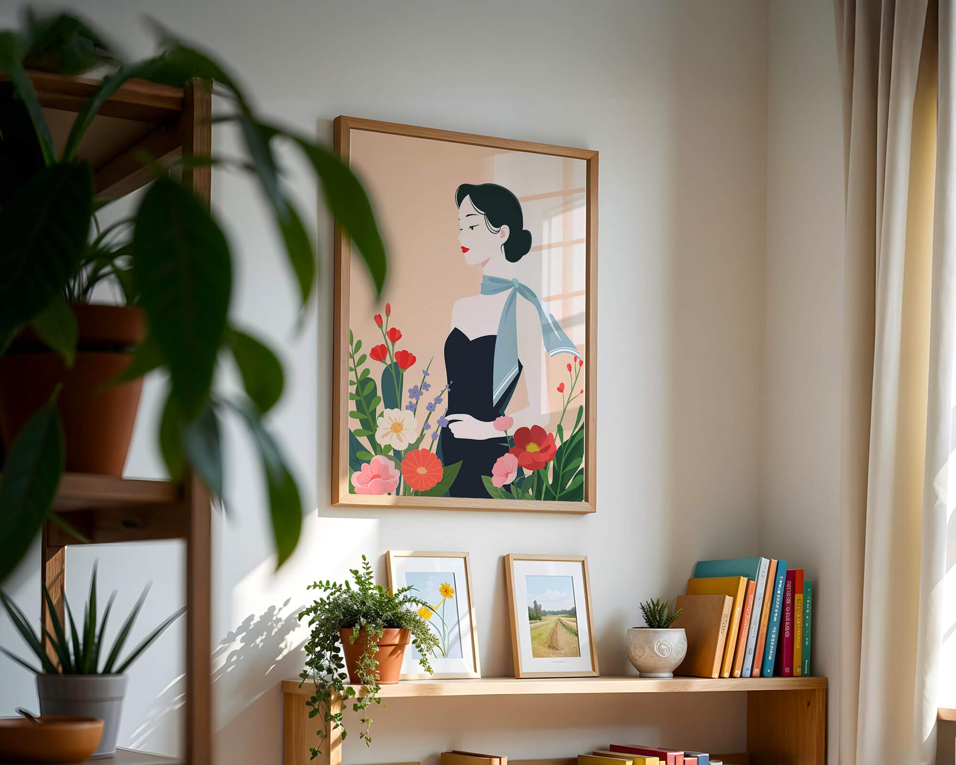 Mujer elegante con fondo floral y bufanda