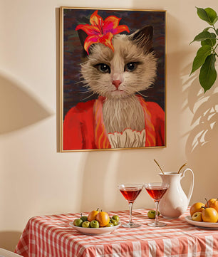 Retrato de gato con acentos de flores vibrantes y atuendo colorido