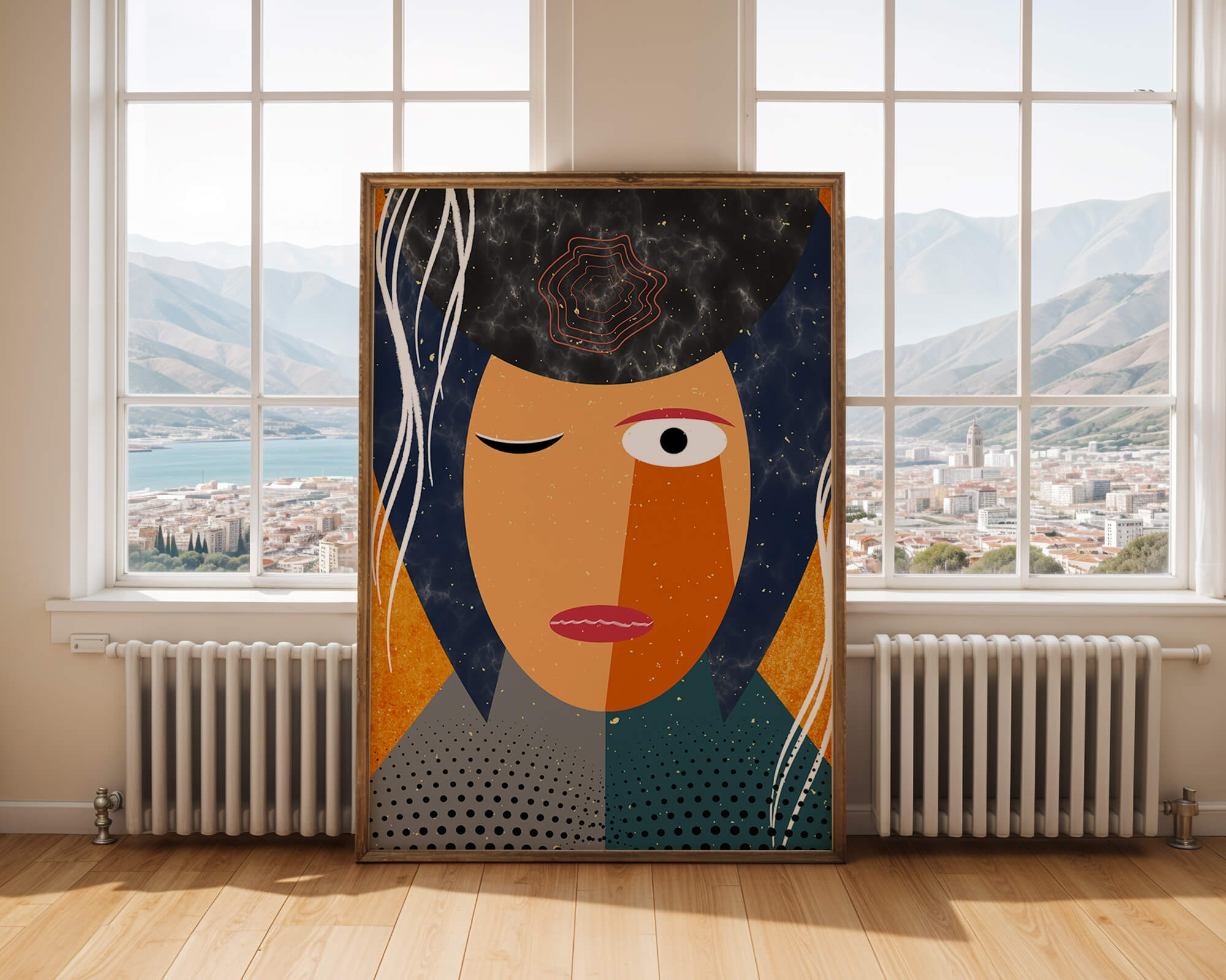 Abstract geometric portrait featuring vibrant colors and textures
