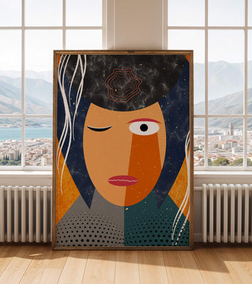Abstract geometric portrait featuring vibrant colors and textures