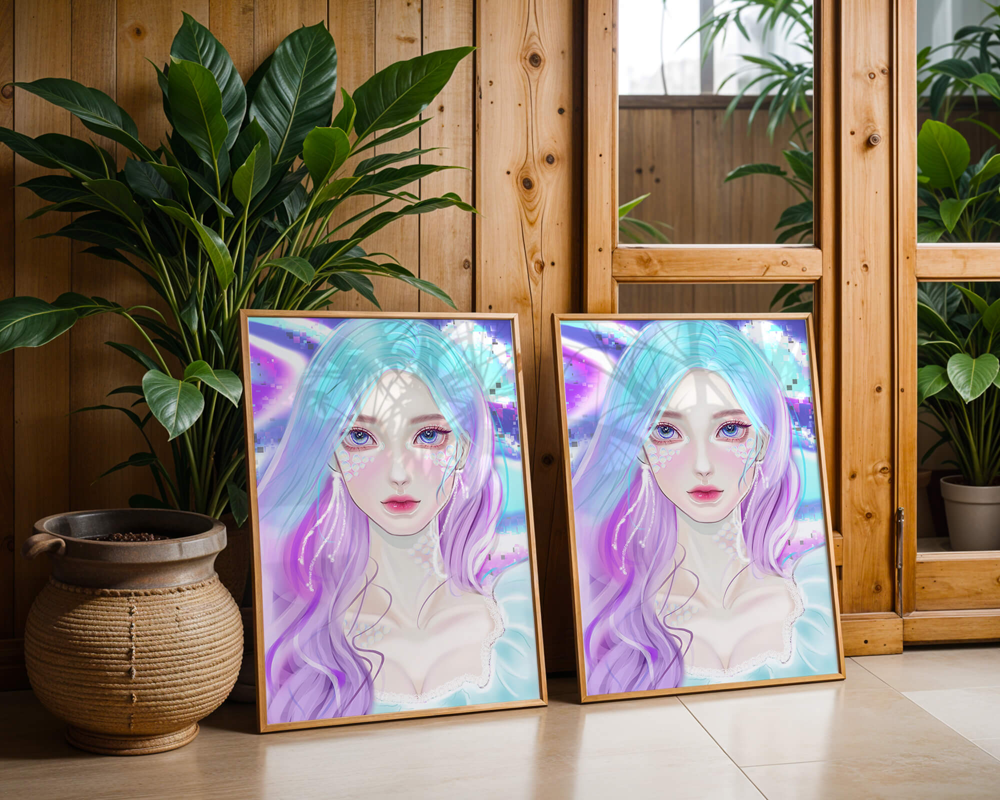 Fantasy portrait of a woman with pastel hair and vibrant features