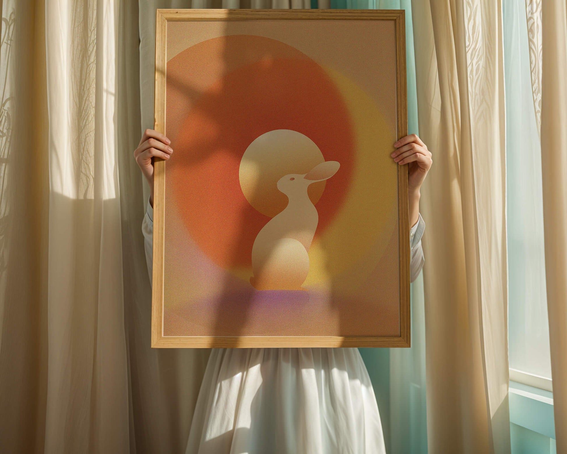 Majestic White Rabbit with Sun and Abstract Circles