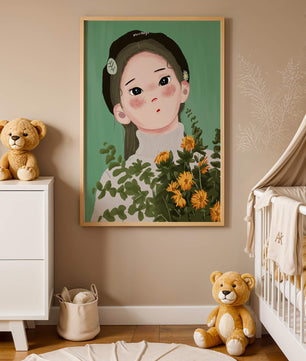 Illustration of a girl with flowers and a beret on a green background