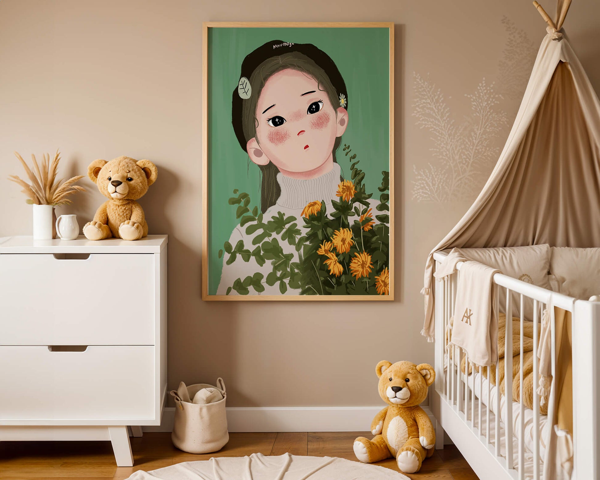 Illustration of a girl with flowers and a beret on a green background