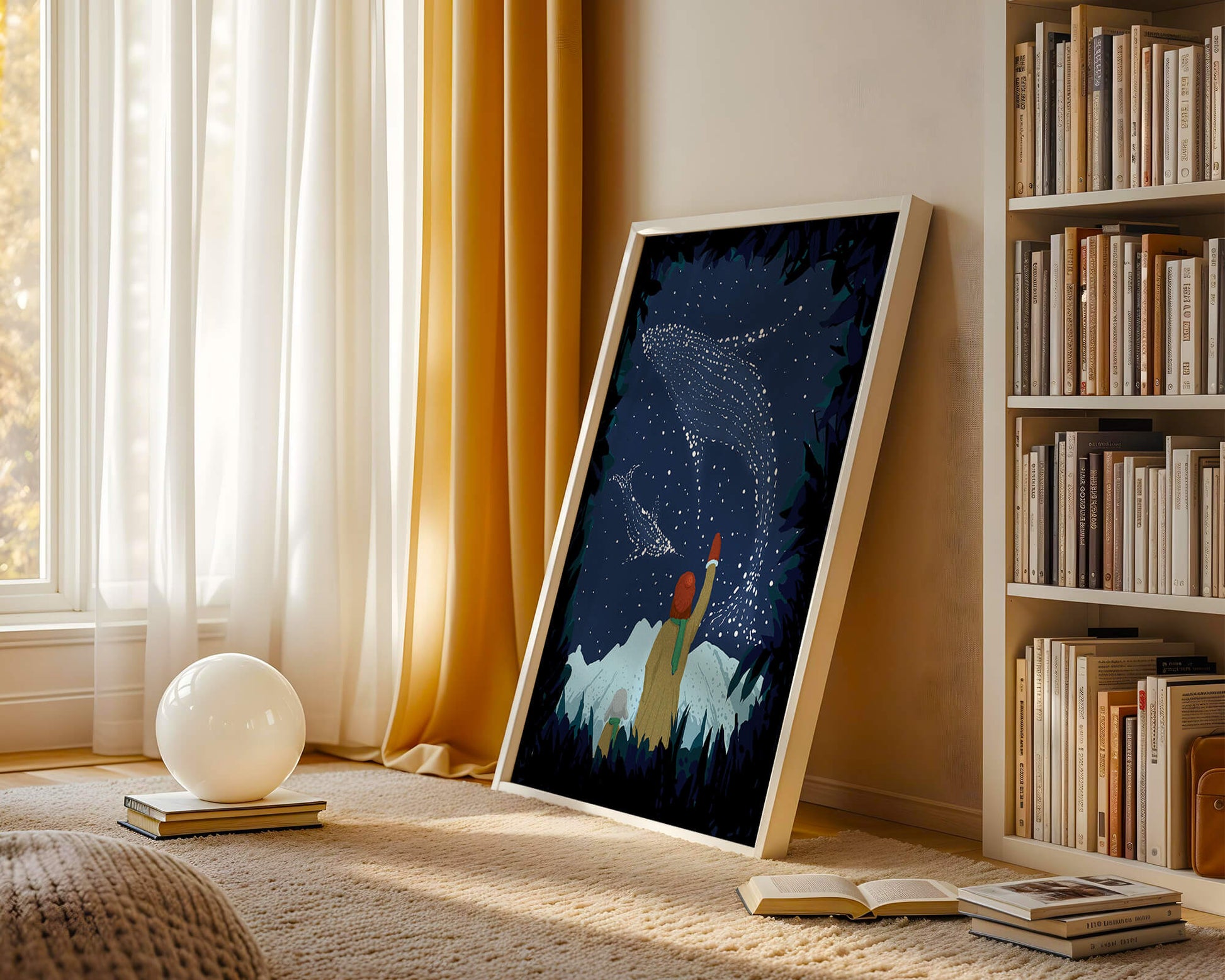 Starry night with whale constellations and mountain scenery