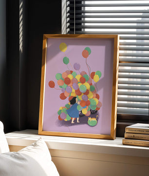 Bunte Luftballons mit einem Kind und einer Katze auf violettem Hintergrund