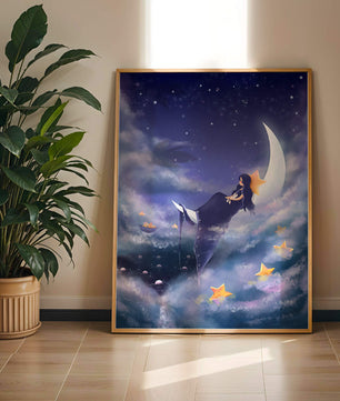 Cielo nocturno soñador con una niña sentada en una luna creciente rodeada de estrellas