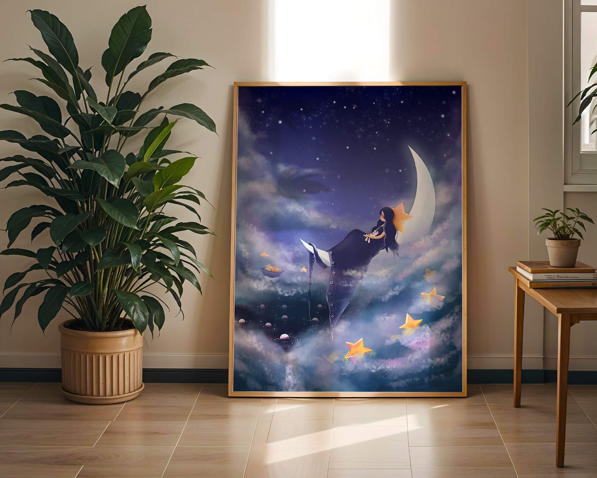 Dreamy night sky with girl sitting on crescent moon surrounded by stars