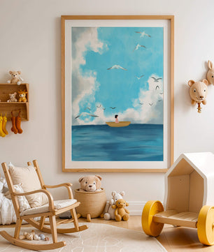 Peaceful seascape illustration with a boat and birds