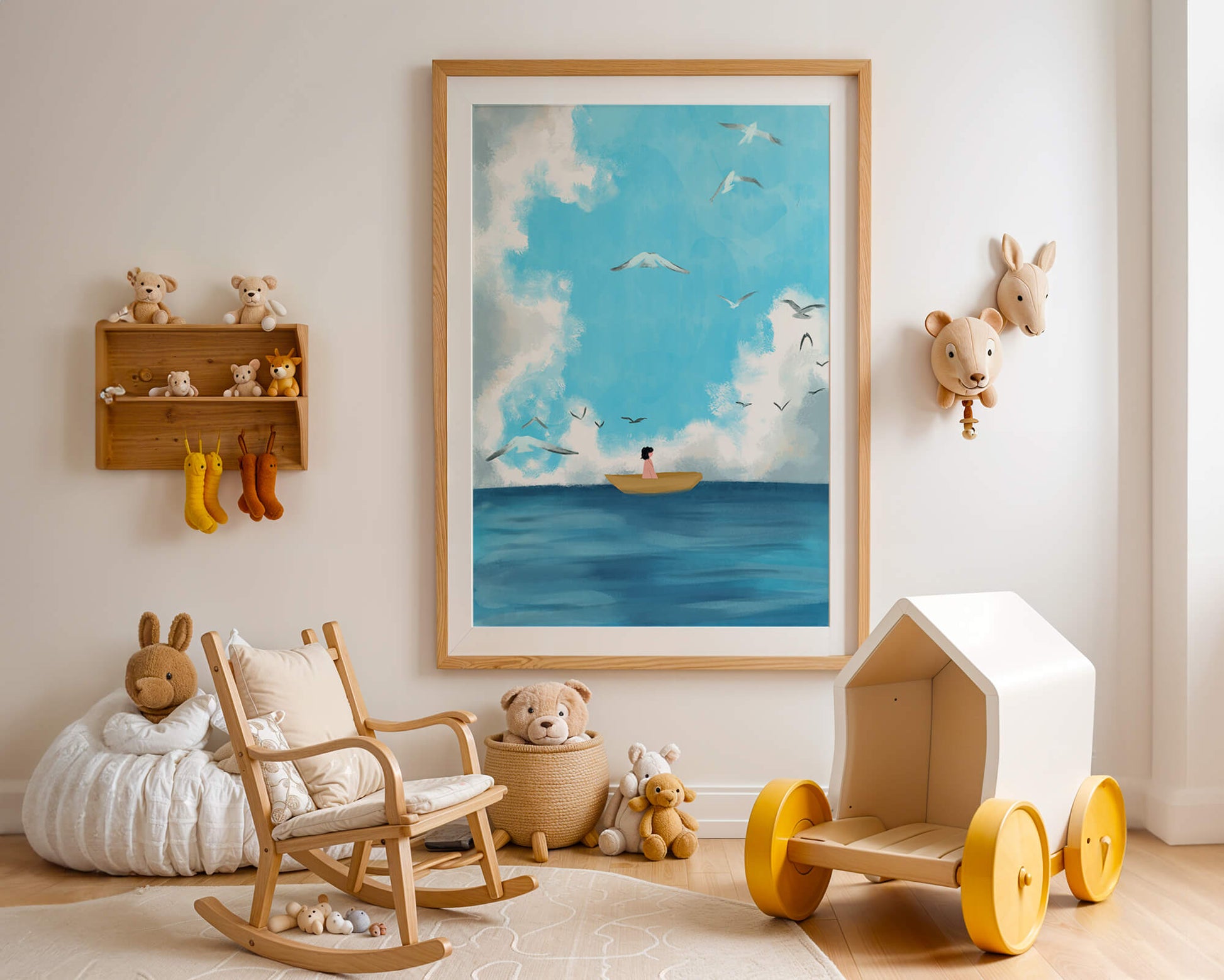 Peaceful seascape illustration with a boat and birds