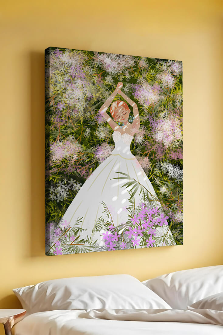 Woman in white dress lying among flowers in a garden