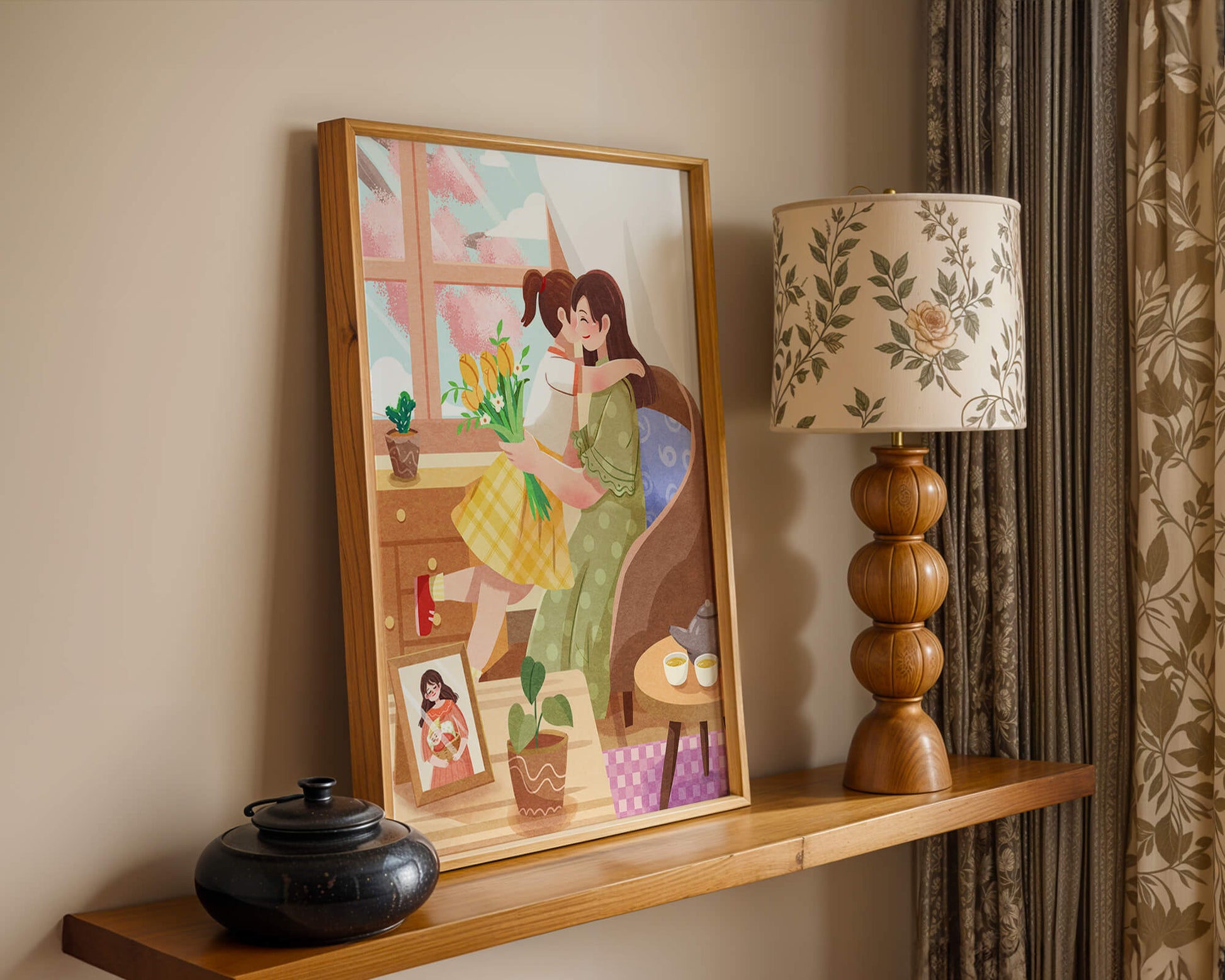 Cozy living room scene with mother and daughter hugging near window