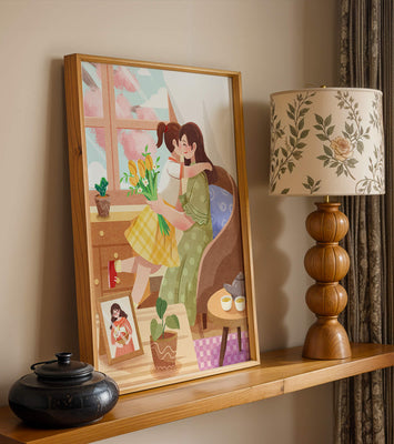 Cozy living room scene with mother and daughter hugging near window