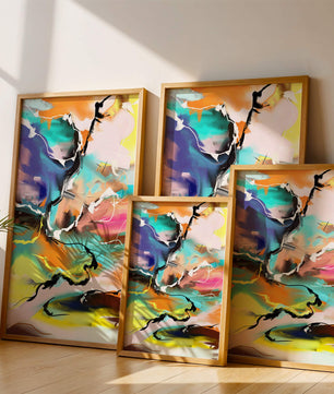 Pintura abstracta colorida con líneas vibrantes y dinámicas