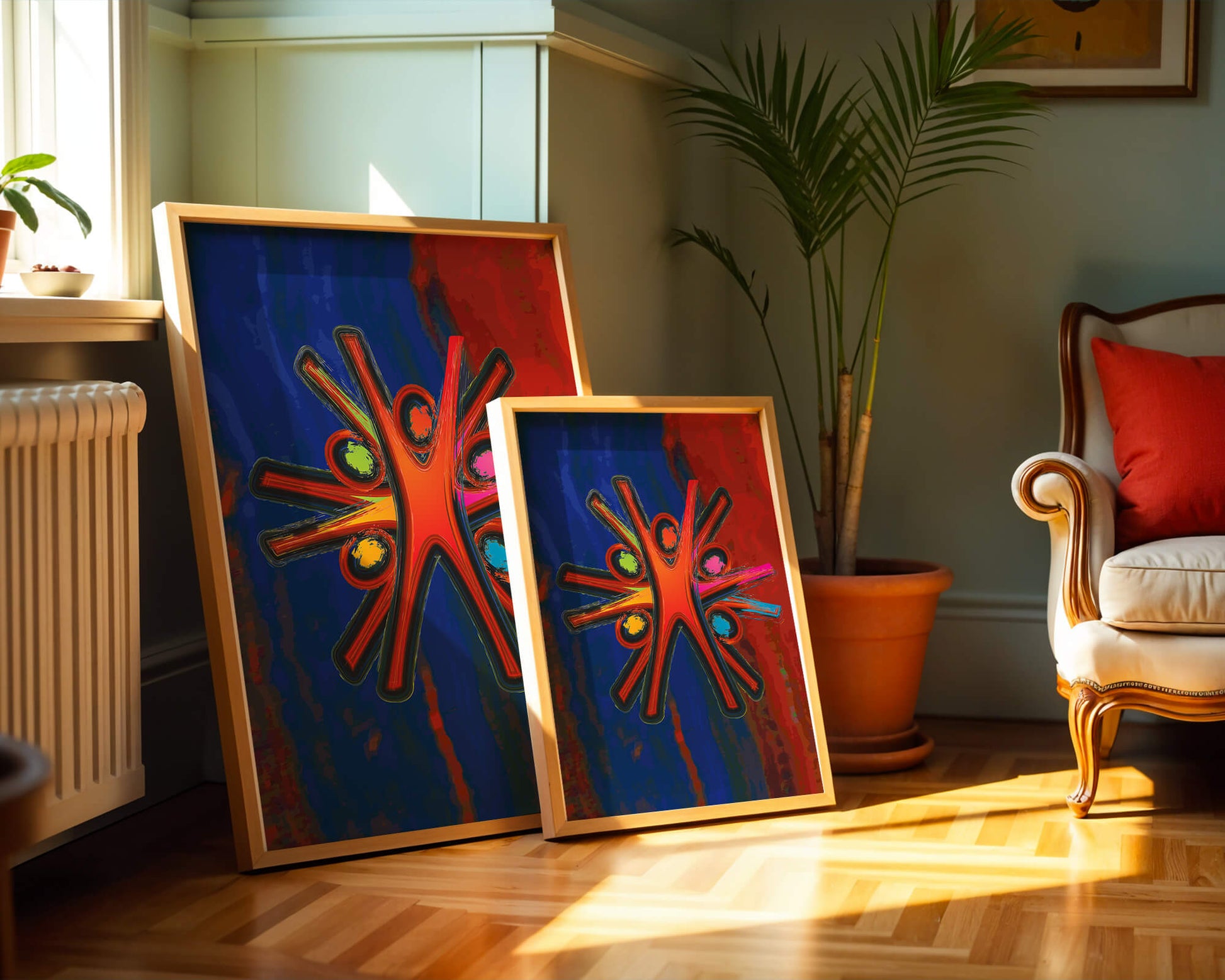 Abstract art with dynamic figures and vibrant colors
