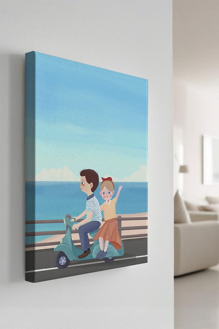 Young couple enjoying a scenic scooter ride by the seaside