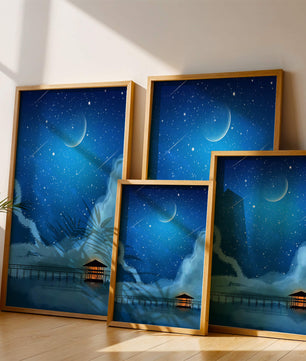 Serene Night Sky with Crescent Moon, Stars, and Pier Over Water
