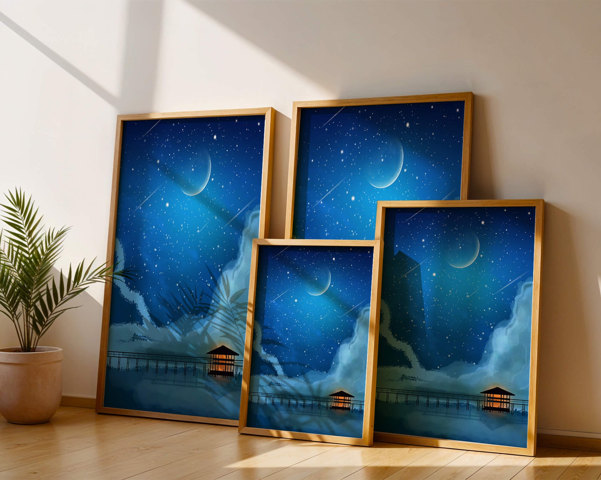 Serene Night Sky with Crescent Moon, Stars, and Pier Over Water
