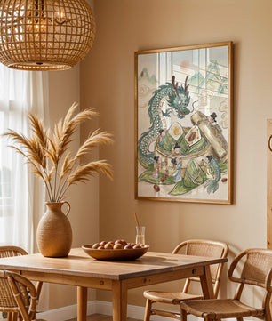 Dragon and Steamed Dumplings with Children in a Mountainous Landscape