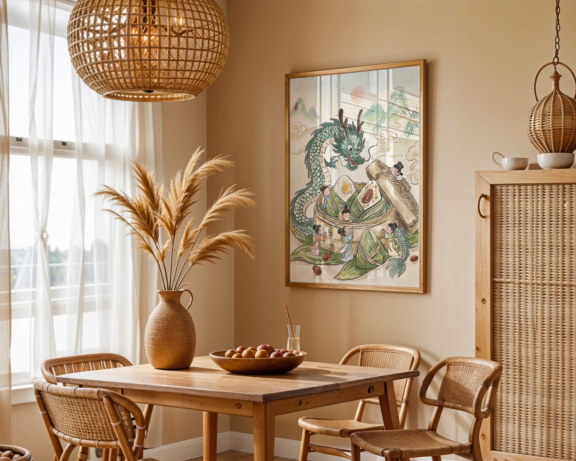 Dragón y dumplings al vapor con niños en un paisaje montañoso