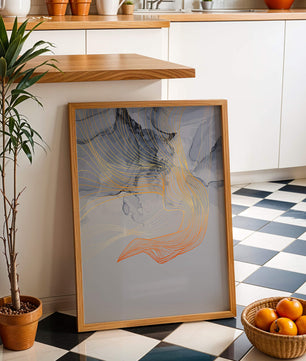 Elegantes abstraktes Design mit fließenden goldenen und orangefarbenen Linien auf blauem Hintergrund