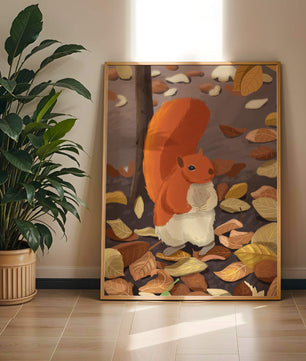 Ilustración de una ardilla adorable entre hojas de otoño